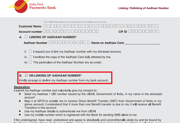 how to delink aadhar from post office schemes