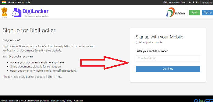 Digilocker signUp step1