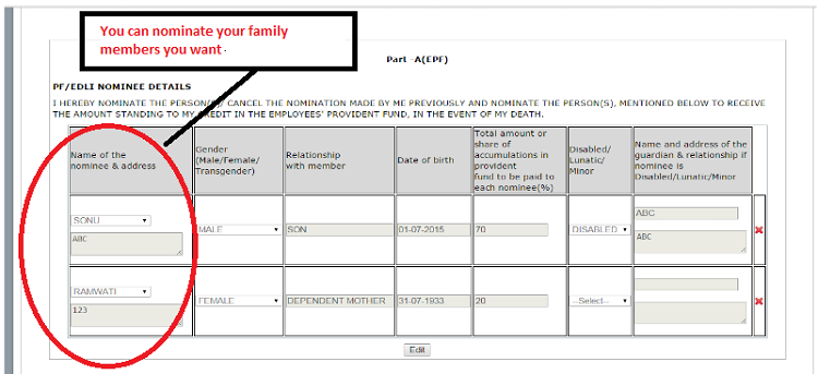 You can nominate family members from the details mentioned about family