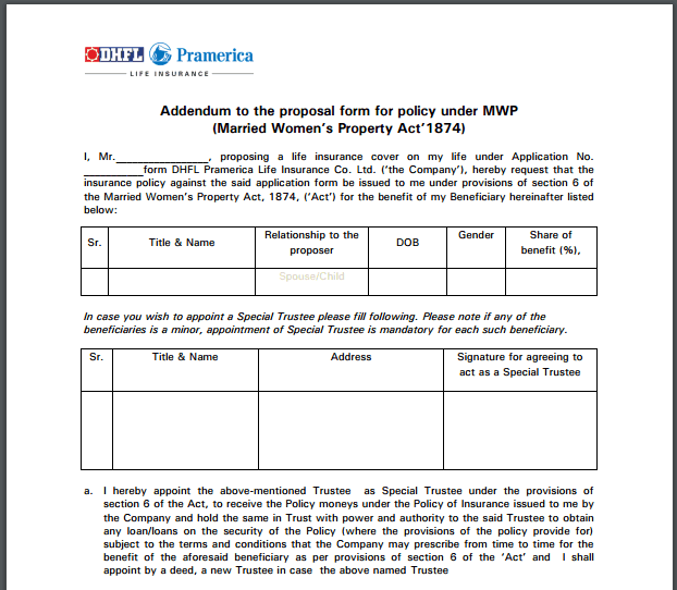 mwp act addendum while buying life insurance policy