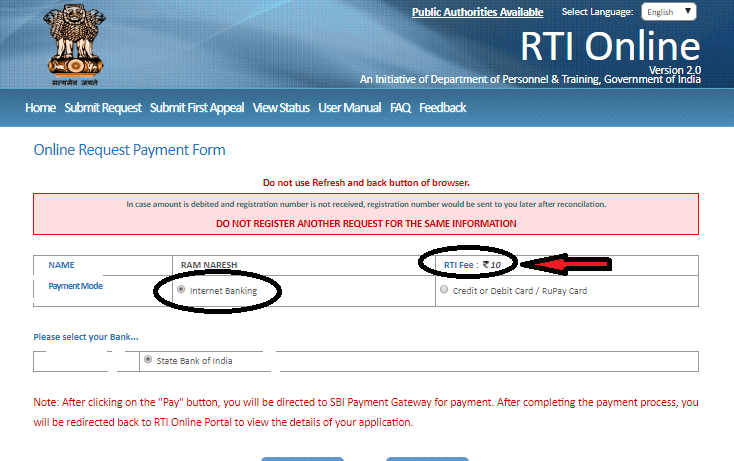 how to make online payment for RTI application