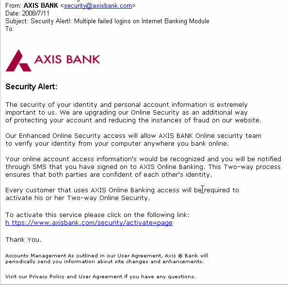 axis bank security alert mail