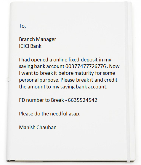 Breaking Fixed Deposit or Recurring Deposit Letter