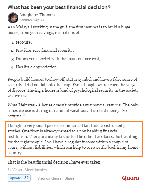 Example of a person explaining his best financial decision on quora