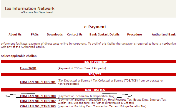 challan 280 for advance tax payment