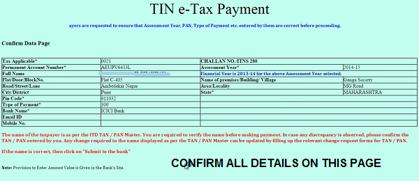 confirm details before paying income tax online