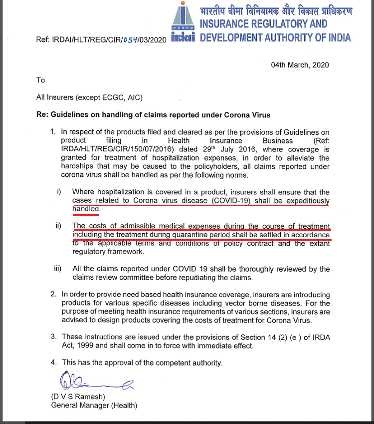 IRDA circular on coronavirus (covid-19) for insurance companies