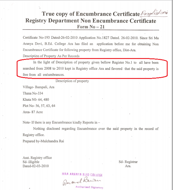 encumbrance certificate sample
