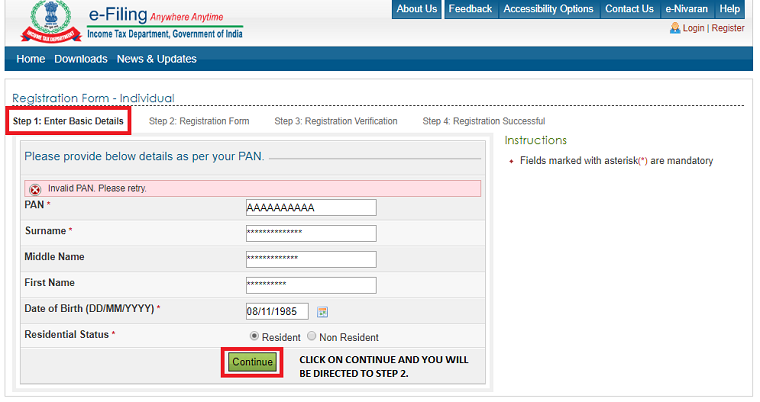 to register on e-filling income tax website to view your form26AS