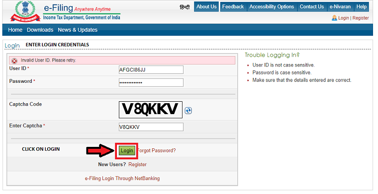 login in to e-filling website to view your form 26AS