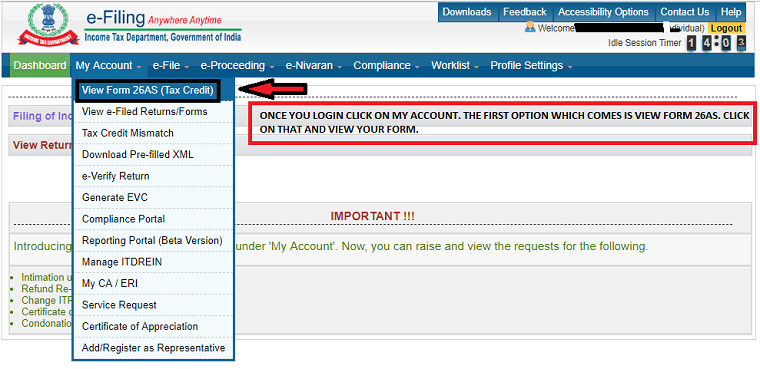 after login click on my accounts and then click on view form 26 AS