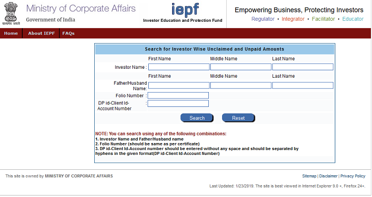 investor can search for unclaimed and unpaid amount of IEPF government portal