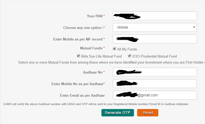 link aadhaar with mutual funds on cams list