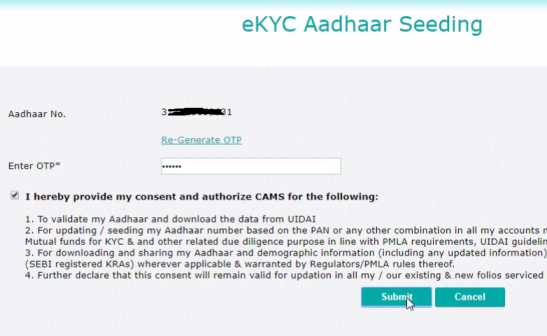 Enter OTP to link aadhaar with mutual funds