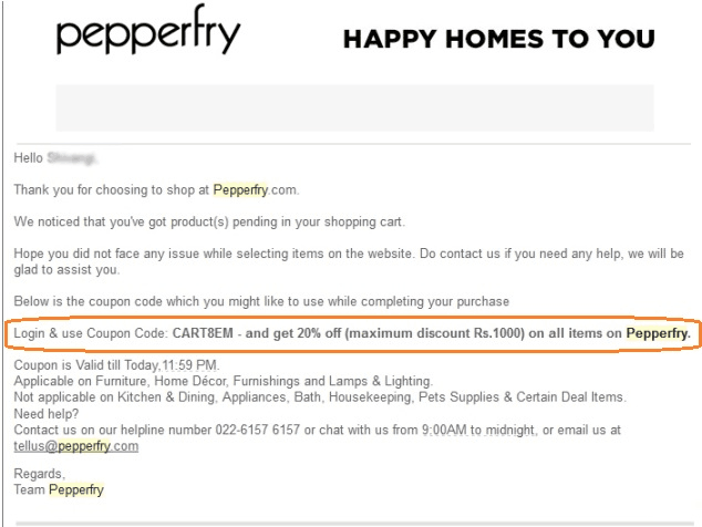 pepperfry email left cart