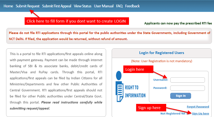 RTI login page where you can sign up and login to file your RTI request online