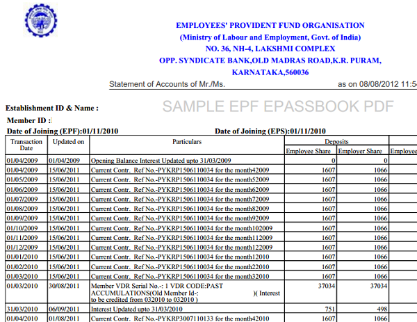 sample epf passbook