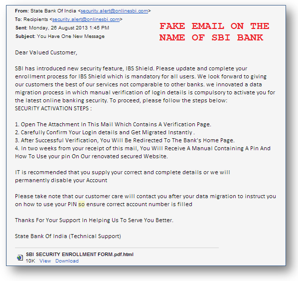 Fake Email on SBI bank